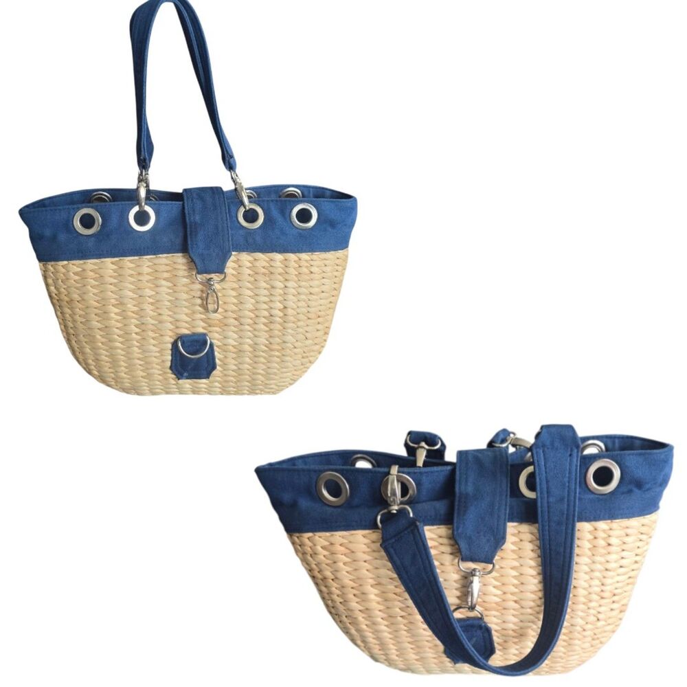 Navy Blue Woven Straw Tote Bag Coastal Boho Beach Shoulder Bag
